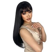 economico Parrucche trendy sintetiche-parrucche nere per donna parrucca lunga diritta con frangia parrucche di capelli neri parrucca sintetica da donna resistente al calore per l&#039;uso quotidiano nelle feste 22 pollici