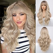 voordelige Synthetische trendy pruiken-zwarte pruik met pony voor vrouwen lang golvend haar pruik zwarte pruik krullend golvend synthetische pruiken voor meisjes dagelijks feestgebruik