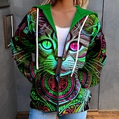 cheap Animals Tops-Women&#039;s Zipper Hoodie Sweatshirt Cat Casual Sports Drawstring Print Sportswear Funny Hooded Long Sleeve Top Micro-elastic Fall &amp; Winter Comfrt Breathable Soft Fabric