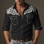 cheap Men&#039;s Button Up Shirts-Men&#039;s Shirt Button Up Shirt Casual Shirt Western Shirt Black White Navy Blue Long Sleeve Plaid Color Block Lapel Daily Vacation Splice Clothing Apparel Fashion Casual Comfortable