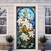 billiga Dörröverdrag-målat glas lilja dörr täcker väggmålning dekor dörr gobeläng dörr gardin dekoration bakgrund dörr banderoll avtagbar för ytterdörr inomhus utomhus hem rum dekoration bondgård dekoration tillbehör