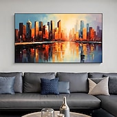 cheap Landscape Paintings-Handmade Original City Landscape Oil Painting On Canvas Wall Art Decor Coastal Building Painting for Home Decor With Stretched Frame/Without Inner Frame Painting
