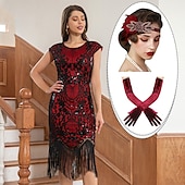 olcso Öltözetek-szett midi flapper ruha toll fejpánt bársony hosszú opera kesztyű 3 db női ordító 20-as évek 1920-as évek ruhái koktél gatsby flapper lány maskarás parti jelmezek