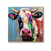 cheap Animal Paintings-Hand-painted Colorful Cow Painting on Canvas Palette Knife Heavy Textured Painting Square Wall POP Art Farmhouse Cattle Artwork Gift No Frame