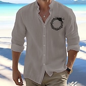cheap Vacation-Men&#039;s Shirt Beach Shirt Button Up Shirt Viking Outdoor Vacation Black White Orange Light Grey Long Sleeve Standing Collar Spring &amp;  Fall Clothing Apparel Print