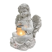 billige Landskapslys-hageengel staty, engle fe statuett med solenergi lys, hage harpiks engel figurer ornament engle dekorasjon for plen kirkegård minnegaver, skytsengel hage statuette-jente