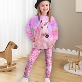 billiga Flickans 3D-tecknad film-Flickor 3D Enhörnings Sweatshirt &amp; Legging Set Rosa Långärmad 3D-tryck Vår Höst Aktiv Mode Dagligen Barn 3-12 år Rund hals Utomhus Semester Datum Normal