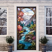 billige Dørdeksler-farget glass landskap dørdeksler veggmaleri dekor dør billedvev dør gardin dekorasjon bakteppe dør banner avtakbar for inngangsdør innendørs utendørs hjemme rom dekorasjon gårdshus dekor forsyninger