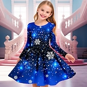 abordables Vestido con visión brillante en 3D-Girls &#039; 3D Copo Vestido Vestido de copo de nieve Manga Larga Impresión 3D Otoño Invierno Vacaciones Deporte Diario Estilo lindo Casual Hermosa Niños 4-12 años Vestido informal Vestido de una línea