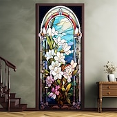 billiga Dörröverdrag-målat glas lilja dörr täcker väggmålning dekor dörr gobeläng dörr gardin dekoration bakgrund dörr banderoll avtagbar för ytterdörr inomhus utomhus hem rum dekoration bondgård dekoration tillbehör