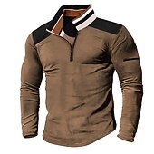 Men's T Shirt Quarter Zip Tee Tee Top Long Sleeve Shirt Long Sleeve Quarter Zip Spring &  Fall Color Block Vintage Basic Patchwork Vacation Street Going out Brown Top Tee for Men4