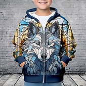 billiga Pojkens 3D-djur-Pojkar 3D Varg Huvtröja Kappa Ytterkläder Långärmad Höst Vinter Aktiv Streetwear Häftig Polyester Barn 3-12 år Blixtlås Gata Dagligen Normal