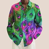 economico Geometrica-Per uomo Color Block Geometrica Piume Camicia Camicia con bottoni Manica lunga Hawaiano Artistico Da mare Casual / quotidiano Fine settimana Primavera estate Collo ripiegabile Stampa Bottone giù Blu