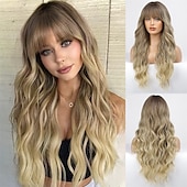 voordelige Synthetische trendy pruiken-zwarte pruik met pony voor vrouwen lang golvend haar pruik zwarte pruik krullend golvend synthetische pruiken voor meisjes dagelijks feestgebruik