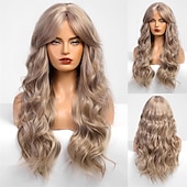 voordelige Synthetische trendy pruiken-zwarte pruik met pony voor vrouwen lang golvend haar pruik zwarte pruik krullend golvend synthetische pruiken voor meisjes dagelijks feestgebruik