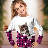 abordables Animaux 3D de Fille-Saint Patrick Fille 3D Plaid Chat Tee-shirts Chemise manche longue 3D effet Printemps Automne Actif Mode Le style mignon Polyester Enfants 3-12 ans Col Ras du Cou Extérieur Casual du quotidien