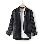 cheap Luxury Linen Shirts-100% Linen Men&#039;s Shirt Linen Shirt Button Up Shirt Black Navy Blue Long Sleeve Stripes Lapel Spring &amp;  Fall Outdoor Daily Clothing Apparel