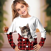 abordables Animaux 3D de Fille-Saint Patrick Fille 3D Plaid Chat Tee-shirts Chemise manche longue 3D effet Printemps Automne Actif Mode Le style mignon Polyester Enfants 3-12 ans Col Ras du Cou Extérieur Casual du quotidien
