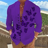 economico Uccelli &amp; Animali-Per uomo Farfalla Camicia Manica lunga Informale Da tutti i giorni Per uscire Fine settimana Primavera estate Colletto Mao Stampa Bottone giù Nero Bianco Blu Viola Fucsia