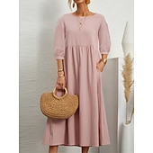 Недорогие Основные искусственные платья-Жен. Платье средней длины Искусственный хлопок и лен Платье прямого кроя Свободное платье Однотонный Классический На каждый день Отпуск Подарок Праздники Свободное облегание Рукав 3/4 Вырез под горло