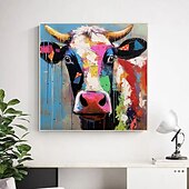cheap Animal Paintings-Hand-painted Colorful Cow Painting on Canvas Palette Knife Heavy Textured Painting Square Wall POP Art Farmhouse Cattle Artwork Gift No Frame