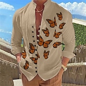 economico Uccelli &amp; Animali-Per uomo Farfalla Camicia Manica lunga Informale Da tutti i giorni Per uscire Fine settimana Primavera estate Colletto Mao Stampa Bottone giù Nero Bianco Blu Viola Fucsia