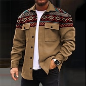 cheap Men&#039;s Shirt Jacket-Men&#039;s Tribal Geometry Bandana Print Shirt Shirt Jacket Long Sleeve Vintage Casual Tribal Outdoor Street Casual Daily Fall &amp; Winter Turndown Buttons Pocket Print Black Blue Brown