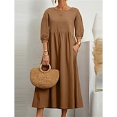 Недорогие Основные искусственные платья-Жен. Платье средней длины Искусственный хлопок и лен Платье прямого кроя Свободное платье Однотонный Классический На каждый день Отпуск Подарок Праздники Свободное облегание Рукав 3/4 Вырез под горло