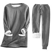 baratos Conjuntos de duas peças-Conjunto de 2 Peças de Calças Quentes Femininas Moda Moleton Calças de Flanela Calças Trousers Manga Longa Decote Redondo Cor Sólida Com Corda Casual Dia-a-Dia Preto Rosa Escuro Azul Outono e Inverno