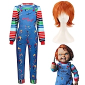 olcso Férfi jelmezek-szett Chucky jelmez jumpsuit környakú pulóver narancssárga paróka 3 db film tv téma Chucky cosplay jelmez ruhák felnőtteknek gyerekek unisex férfiak nők fiúk lányok ijesztő babák cosplay jelmez