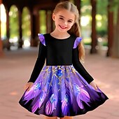 cheap 3D Shining Vision Dress-Girls&#039; 3D Feathers Ruffle Dress Long Sleeve 3D Print Fall Winter Sports &amp; Outdoor Daily Holiday Cute Casual Beautiful Kids 3-12 Years Casual Dress A Line Dress Above Knee Polyester Regular Fit
