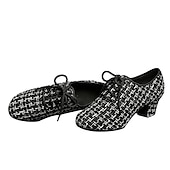 abordables Chaussures de danses latines-Chaussures de danse latine en tweed pour femmes – Chaussures à talons à lacets avec semelle en daim pour danseuses professionnelles