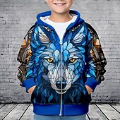 billiga Pojkens 3D-djur-Pojkar 3D Varg Huvtröja Kappa Ytterkläder Långärmad Höst Vinter Aktiv Streetwear Häftig Polyester Barn 3-12 år Blixtlås Gata Dagligen Normal