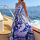 abordables Robes de vacances-robe décontractée pour femme imprimé plantes col carré robe longue robe maxi classique fête rendez-vous sans manches été printemps
