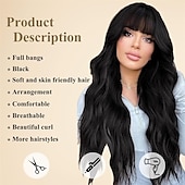 voordelige Synthetische trendy pruiken-zwarte pruik met pony voor vrouwen lang golvend haar pruik zwarte pruik krullend golvend synthetische pruiken voor meisjes dagelijks feestgebruik