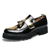 preiswerte Herrenpantoletten &amp; -slipper-Herren-Loafer aus schwarz-goldenem Lackleder mit Quastendetails und robuster Sohle für formelle und legere Anlässe