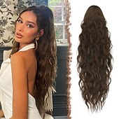 voordelige Paardenstaarten-lang krullend golvend trekkoord paardenstaart extensions clip in golvend synthetische haarstukken trekkoord paardenstaarten haarstuk paardenstaart extensie voor vrouwen asblond 26 inch