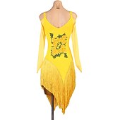 cheap Competition Dress-Dance Salsa Latin Dance Dress Rhinestone Tassel Women&#039;s Performance Training Long Sleeve High Spandex Tulle