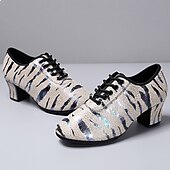 cheap Latin Shoes-Women&#039;s Glitter Dance Shoes with Animal Print, Lace-Up Design, and Comfortable Low Heels for Ballroom, Latin, or Party