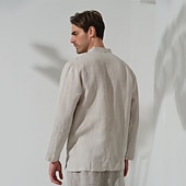 baratos camisas de linho de luxo-100% Linho Bolsos Homens Camisa Social camisa de linho Preto Branco Azul Escuro Manga Longa Tecido Colarinho Clerical Primavera &amp; Outono Ao ar livre Diário Roupa