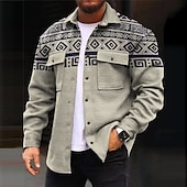 cheap Men&#039;s Shirt Jacket-Men&#039;s Tribal Geometry Ethnic Shirt Shirt Jacket Overshirt Long Sleeve Vintage Casual Tribal Outdoor Street Casual Daily Fall &amp; Winter Turndown Buttons Pocket Print Blue Brown Gray