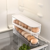 abordables Almacenamiento para la cocina-Soporte para huevos de 2 niveles para refrigerador, estante de almacenamiento de huevos con ruedas automáticas, organizador de almacenamiento para refrigerador para cocina, caja de huevos con puerta lateral para refrigerador, cocina, hogar