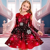 abordables Vestido con visión brillante en 3D-Girls &#039; 3D Copo Vestido Vestido de copo de nieve Manga Larga Impresión 3D Otoño Invierno Vacaciones Deporte Diario Estilo lindo Casual Hermosa Niños 4-12 años Vestido informal Vestido de una línea