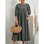Недорогие Основные искусственные платья-Жен. Платье средней длины Искусственный хлопок и лен Платье прямого кроя Свободное платье Однотонный Классический На каждый день Отпуск Подарок Праздники Свободное облегание Рукав 3/4 Вырез под горло