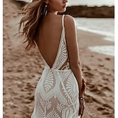  Strand Bruiloft Strand Vintage Open Rug Bruidsjurken Zeemeermin Toppunt V Hals Zonder Mouwen Sweep  Borstel Train Chiffon Bruidsjurken Met Plooien Effen Kleur