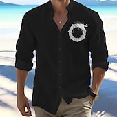 cheap Vacation-Men&#039;s Shirt Beach Shirt Button Up Shirt Viking Outdoor Vacation Black White Orange Light Grey Long Sleeve Standing Collar Spring &amp;  Fall Clothing Apparel Print