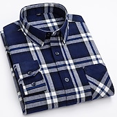 cheap Men&#039;s Non Iron Shirts-Men&#039;s Shirt Dress Shirt Plaid Office &amp; Career Wedding Party Red Navy Blue Blue Orange Long Sleeve Lapel Spring &amp;  Fall Clothing Apparel Front Pocket