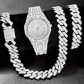 cheap Quartz Watches-3pcs/set HipHop Mens Rhinestone Watch &amp; Necklace &amp; Bracelet Set, Christmas Gift