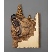 abordables Estatuas-Escultura colgante de pared artesanal tallada en animales, decoración pintada a mano de ciervo, oso mapache de madera, para la sala de estar del hogar