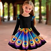 cheap 3D Shining Vision Dress-Girls&#039; 3D Feathers Ruffle Dress Long Sleeve 3D Print Fall Winter Sports &amp; Outdoor Daily Holiday Cute Casual Beautiful Kids 3-12 Years Casual Dress A Line Dress Above Knee Polyester Regular Fit